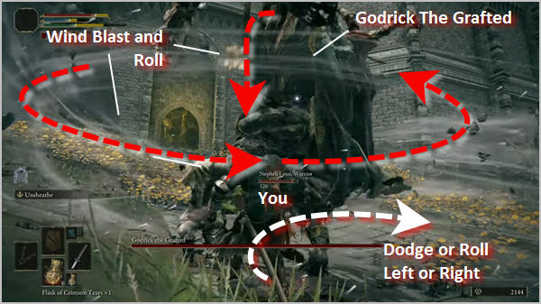 Godrick will roll forward and spin producing a whirlwind effect that will cause damage if caught in it.