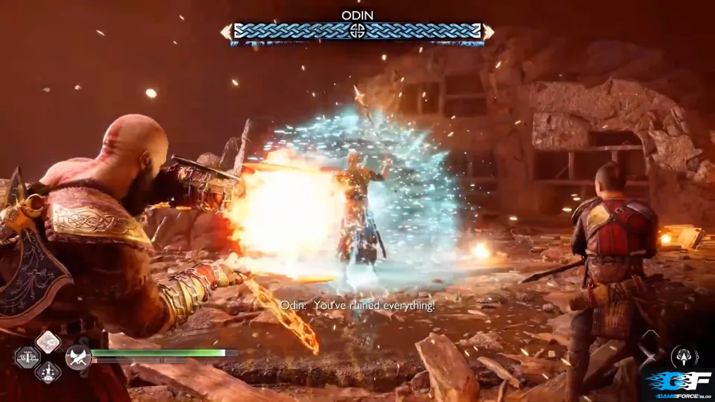 Oden Phase 2 Elemental Sheild Attacks God of War Ragnarok 4 - GameForce Blog Oden's Elemental Ice Shield can only be destroyed when Kratos attacks him using the Blades of Chaos.