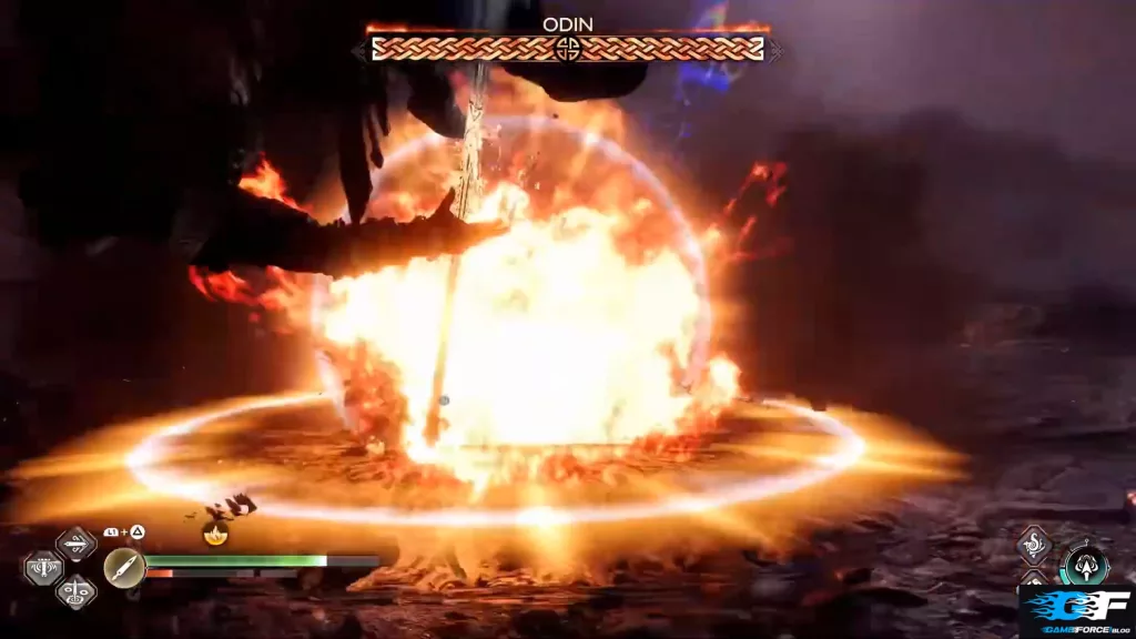 Oden Phase 2 Elemental Sheild Attacks God of War Ragnarok 6 - GameForce Blog Oden invokes his Elemental Fire Shield which send Kratos flying.