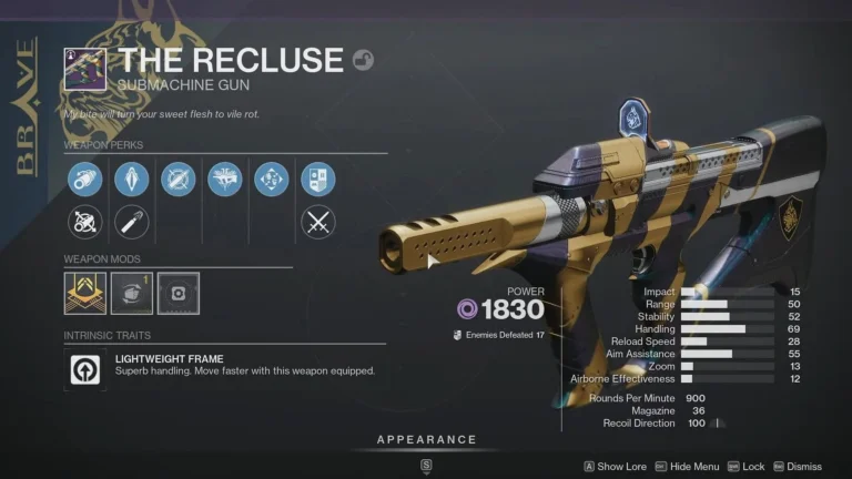 Destiny 2 The Recluse Guide - How To Get It, Curated Roll, And God Roll