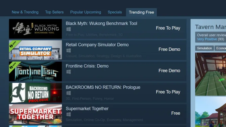 Steam now has a Trending Free tab for demos full free games and free to play | Image credit: Valve / Rock Paper Shotgun